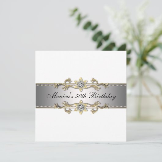 白エレガント金ゴールド50番目の誕生日招待状50 招待状 (スタンド正面)