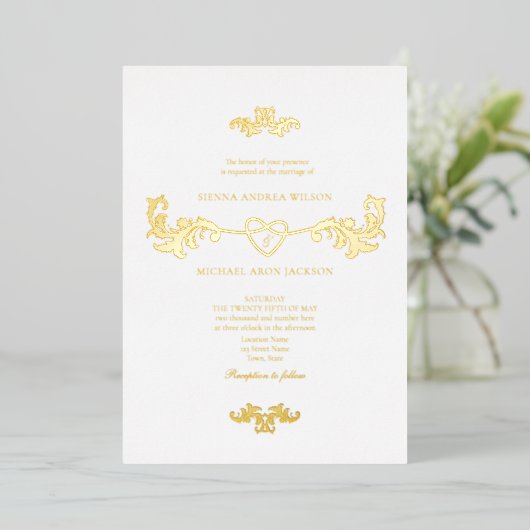 白エレガント金フォイル結婚式招待状 箔招待状 (立ち正面)