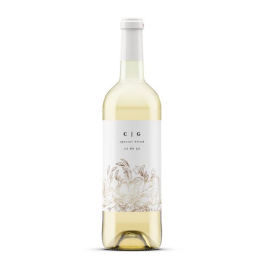 白エレガント金箔の植物性モノグラム結婚ズ ワインラベル