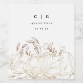 白エレガント金箔の植物性モノグラム結婚ズ ワインラベル (シングルラベル)