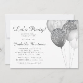 白エレガント銀グリッターバルーン甘い16 招待状
