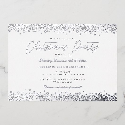 白エレガント銀スノーフレーククリスマスパーティー 箔招待状 (正面)