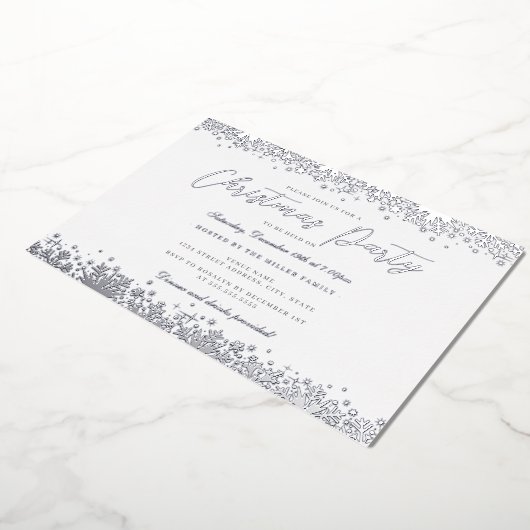 白エレガント銀スノーフレーククリスマスパーティー 箔招待状 (回転した状態)