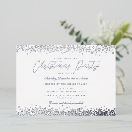 白エレガント銀スノーフレーククリスマスパーティー 箔招待状 (立ち正面)