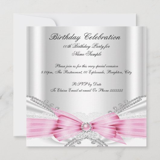 白エレガント銀ピンクダイヤモンド誕生日パーティー 招待状 (裏面)