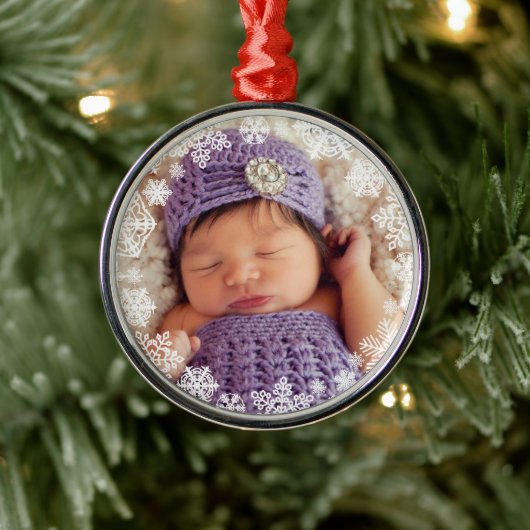 白エレガント雪片フレーム写真 メタルオーナメント (ツリー)