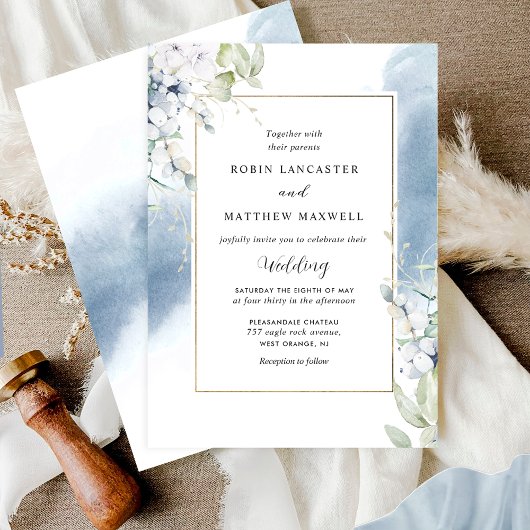 白エレガント青淡い色のフローラ水結婚色 招待状