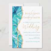 白エレガント青金ゴールドグリッター水の色結婚の 招待状 (正面)