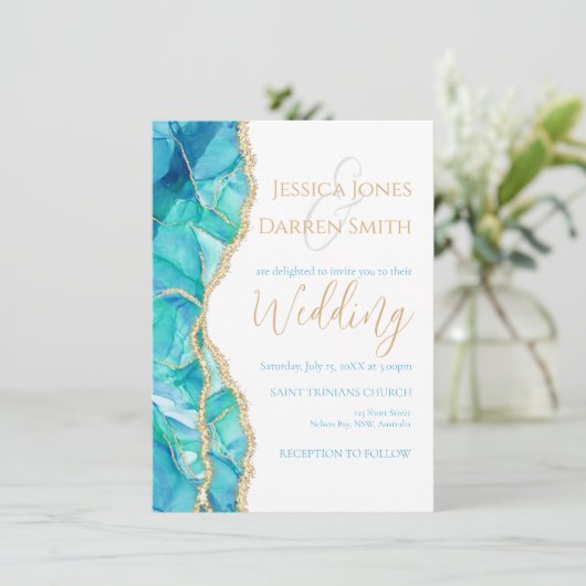 白エレガント青金ゴールドグリッター水の色結婚の 招待状 (スタンド正面)