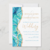 白エレガント青金ゴールドグリッター水の色結婚の 招待状 (正面)