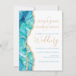 白エレガント青金ゴールドグリッター水の色結婚の 招待状