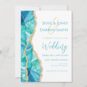 白エレガント青金ゴールドグリッター水の色結婚の 招待状 (正面)