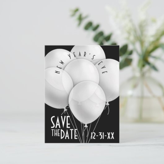 白エレガント風船新年パーティの招待状 ポストカード (スタンド正面)