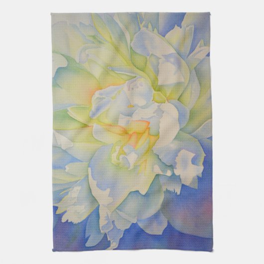 白エレガント黄桃色フローラ水色 キッチンタオル (縦)