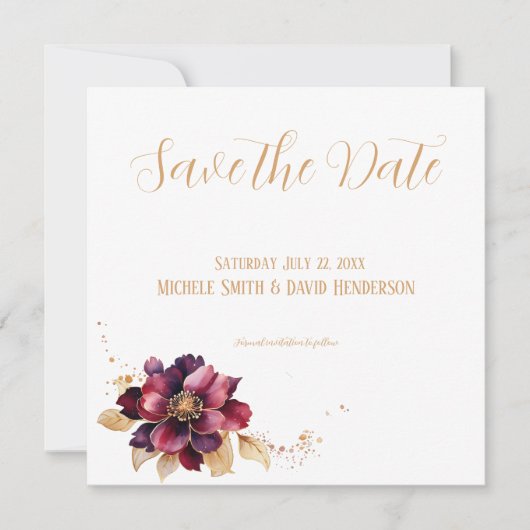 白エレガント黄金ブルゴーニュ日付を保存 招待状 (正面)