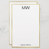 白エレガント黒と金ゴールド名縁どモノグラム 便箋 (正面/裏面)