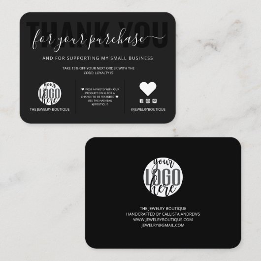 白エレガント黒のスクリプトロゴお客様ありがとうございます 名刺 (正面/裏面)