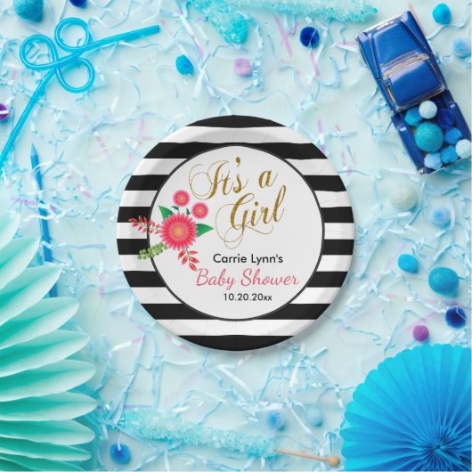 白エレガント黒のストライプフローラ ペーパープレート (パーティー)