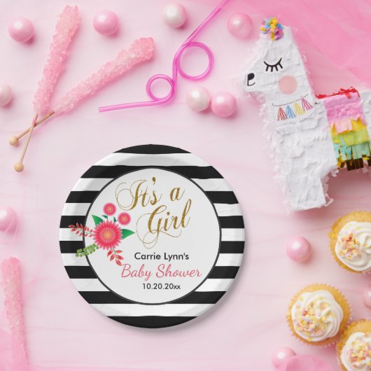 白エレガント黒のストライプフローラ ペーパープレート (パーティー)