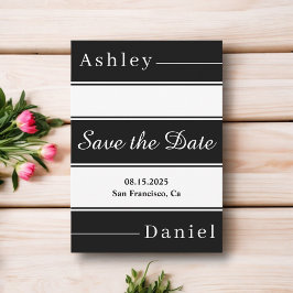 白エレガント黒のストライプモダン結婚の セーブザデート