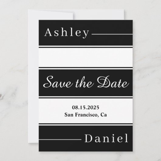 白エレガント黒のストライプモダン結婚の セーブザデート (正面)