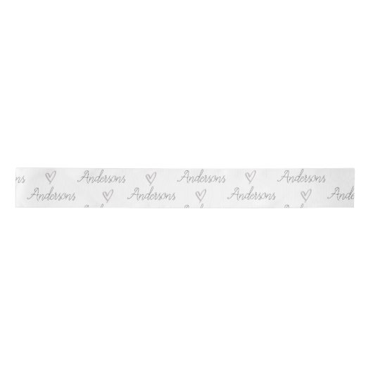 白エレガント黒のファミリ名ハートパターン サテンリボン (正面)