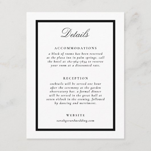 白エレガント黒のフォーマル結婚詳細 エンクロージャーカード (正面)