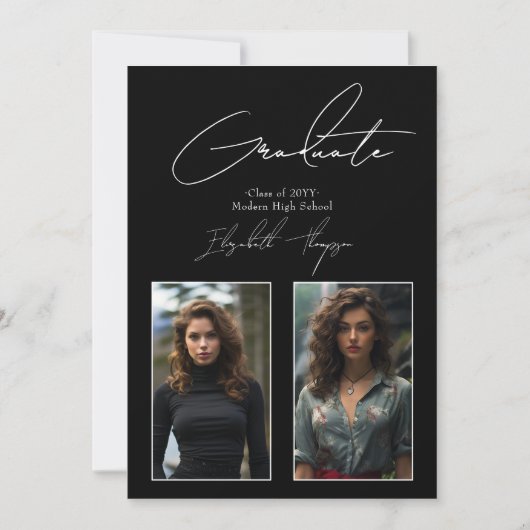 白エレガント黒の卒業モダン写真 案内状 (正面)