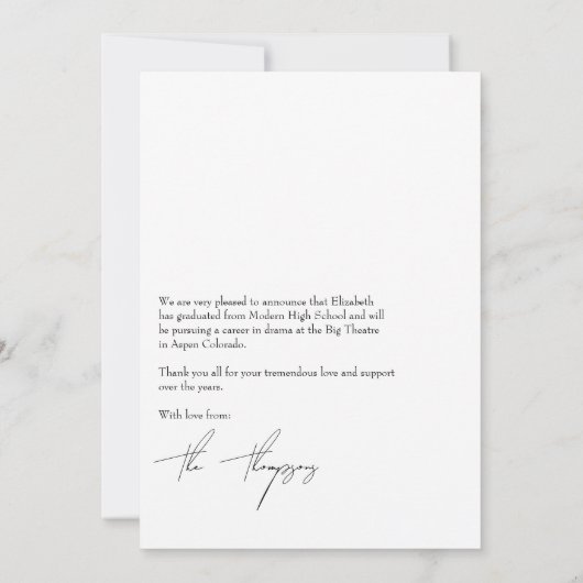 白エレガント黒の卒業モダン写真 案内状 (裏面)