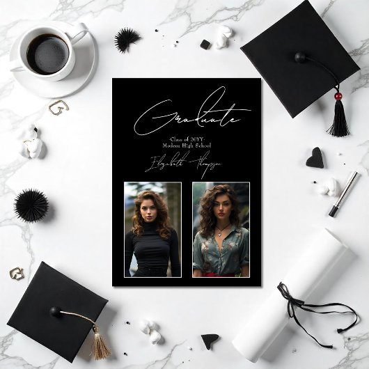白エレガント黒の卒業モダン写真 案内状