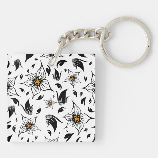 白エレガント黒の花の植物模様 キーホルダー (裏面)