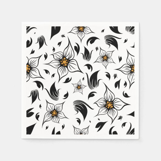 白エレガント黒の花の植物模様 スタンダードカクテルナプキン (正面)