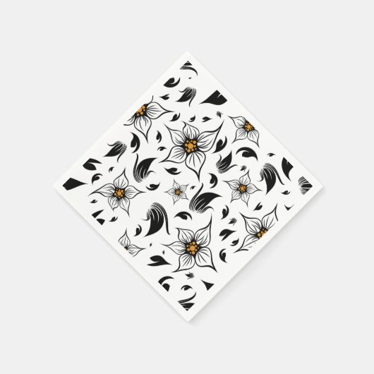 白エレガント黒の花の植物模様 スタンダードカクテルナプキン (角)