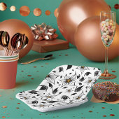 白エレガント黒の花の植物模様 ペーパープレート