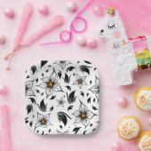 白エレガント黒の花の植物模様 ペーパープレート (パーティー)