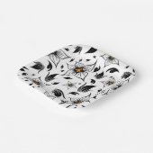 白エレガント黒の花の植物模様 ペーパープレート (傾斜あり)