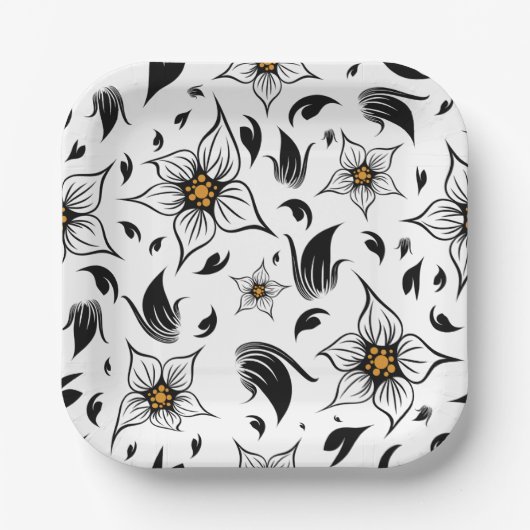 白エレガント黒の花の植物模様 ペーパープレート (正面)