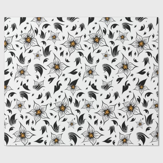 白エレガント黒の花の植物模様 ラッピングペーパー (フラット)