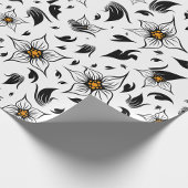 白エレガント黒の花の植物模様 ラッピングペーパー