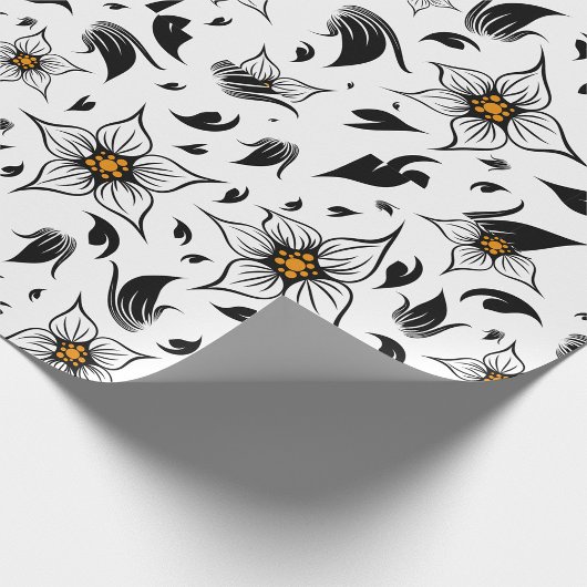 白エレガント黒の花の植物模様 ラッピングペーパー