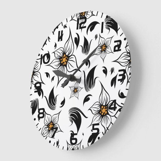 白エレガント黒の花の植物模様 ラージ壁時計 (傾斜)
