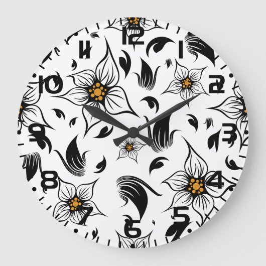 白エレガント黒の花の植物模様 ラージ壁時計 (正面)