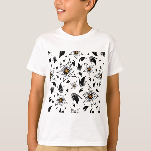 白エレガント黒の花の植物模様 Tシャツ (正面)