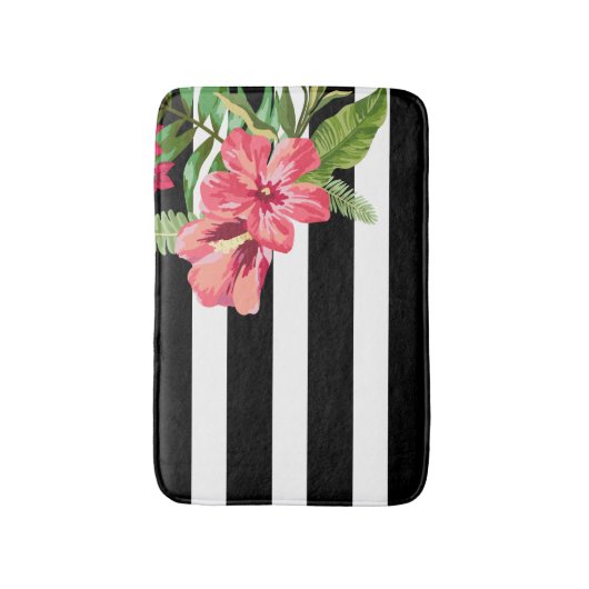 白エレガント黒の花ストライプ付き花 バスマット (正面縦)