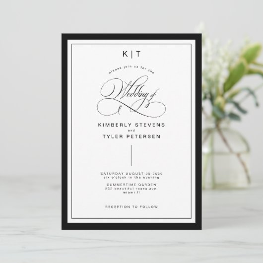 白エレガント黒クラシックフォーマル結婚s 招待状 (スタンド正面)