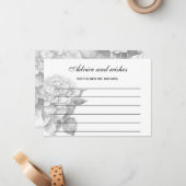 白エレガント黒グレー水色フローラ ノートカード (正面/裏面インサイチュ)