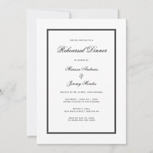 白エレガント黒スクリプトのリハーサルディナー 招待状 (正面)