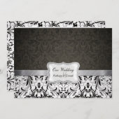 白エレガント黒ダマスク結婚式招待状 招待状 (正面/裏面)