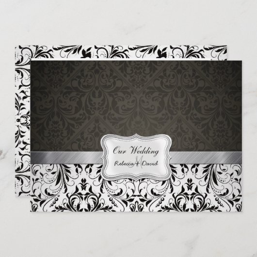 白エレガント黒ダマスク結婚式招待状 招待状 (正面/裏面)