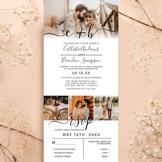 白エレガント黒フォトモノグラムウェディングRSVP 三つ折り招待状